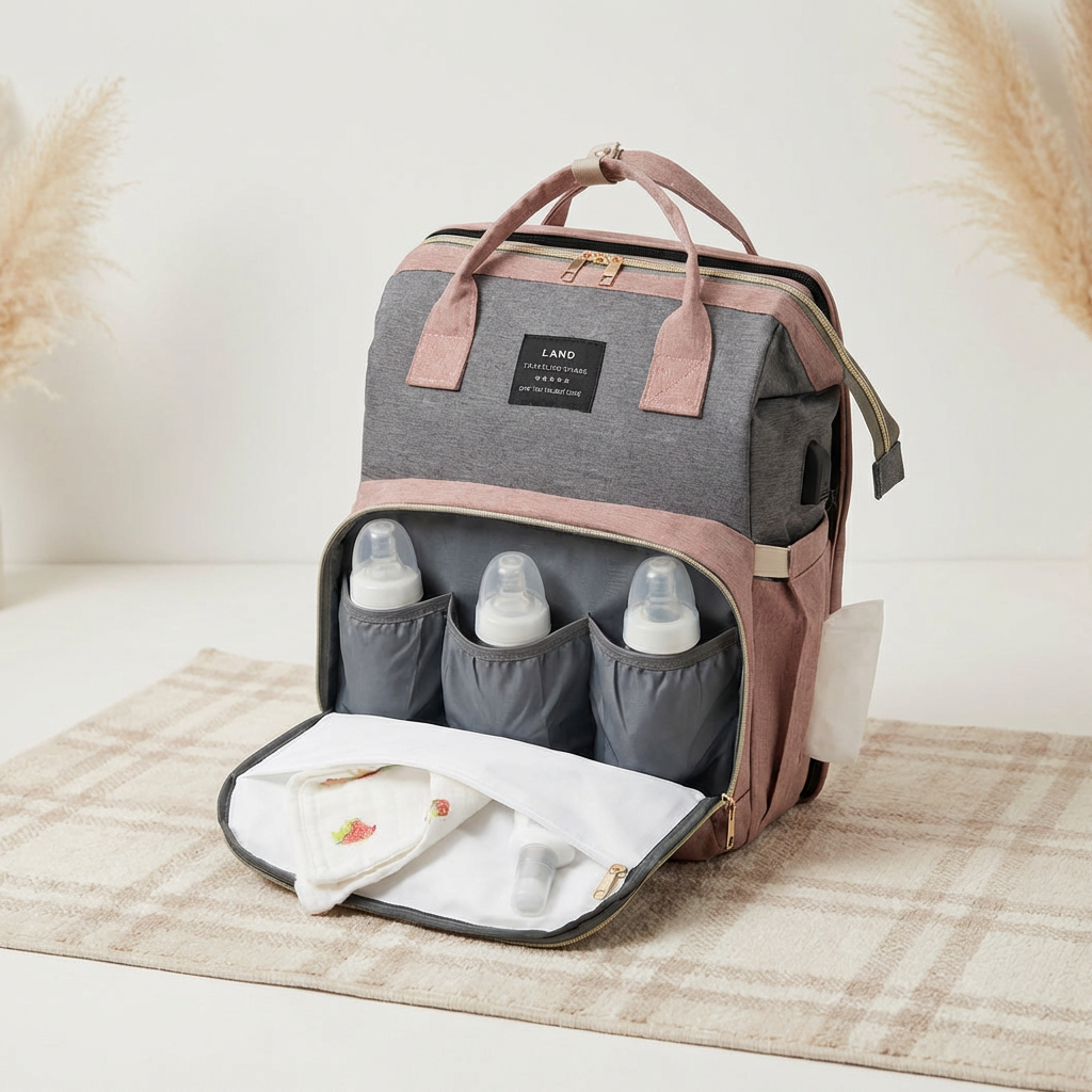 Sac à dos à langer dépliable KitKangaroo - Gris et Rose